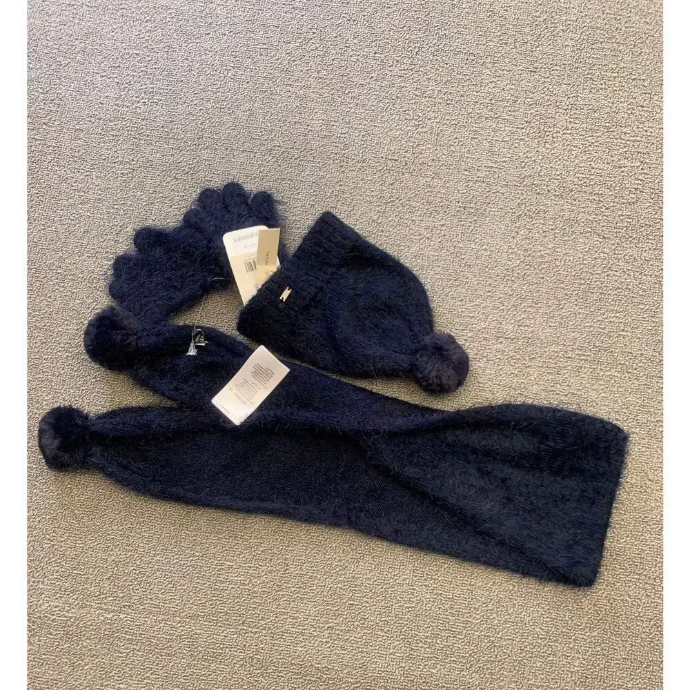 Mayoral Kids 2-4 Blue Fuzzy Pompom‎ 3 in 1 Set Hat Scarf Mitten NWT